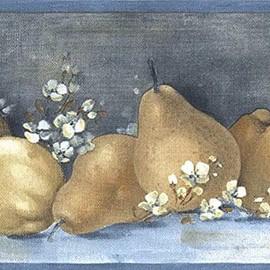 CONCORD WALLCOVERINGS ™ Wallpaper Border Fruits Pattern Pears Flowers for Kitchen Living Room, Blue Navy White Yellow, 5.25 Inches by 15 Feet BG76304