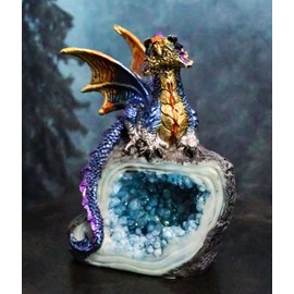 Ebros Gift Fantasy Iridescent Meteorite Hatchling Dragon Guarding Faux Geode Quartz Crystal Cavern Rock Figurine Wyrmling Collection Dungeons Dragons Druids Accent (Horizon Blue)