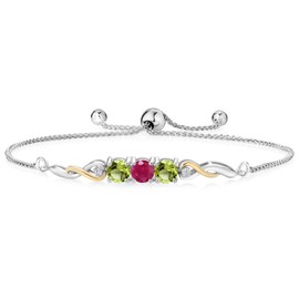 Gem Stone King 925 Sterling Silver and 10K Yellow Gold Red Ruby Green Peridot and White Lab Grown Diamond Tennis Bracelet For Women (1.67 Cttw, Gemstone July Birthstone, Fully Adjustable Up to 9 Inch)