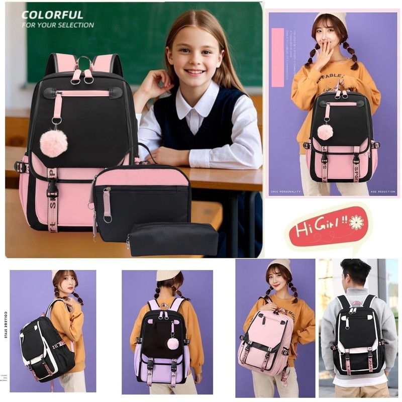 School Backpack for Girls Color-block School Bag with Lunch Box