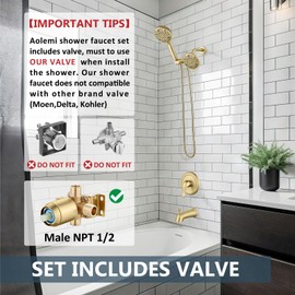 Aolemi Tub Shower Faucet Set with Tub Spout Rain Shower Head System Shower Trim Kit Pressure Rough-in Valve Included ABS 8 Setting Dual Shower Head and Handheld Spray Brushed Gold