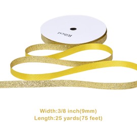 Ribest Gold Glitter Ribbon 3/8 Inch Cut Edge Christmas Ribbon for Gift Wrapping Crafts Christmas Tree Decoration Home Decor 25 Yards