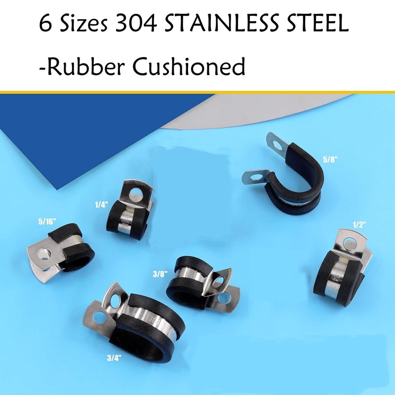 52Pcs Cable Clamps Assortment Kit, 304 Stainless Steel Rubber Cushioned