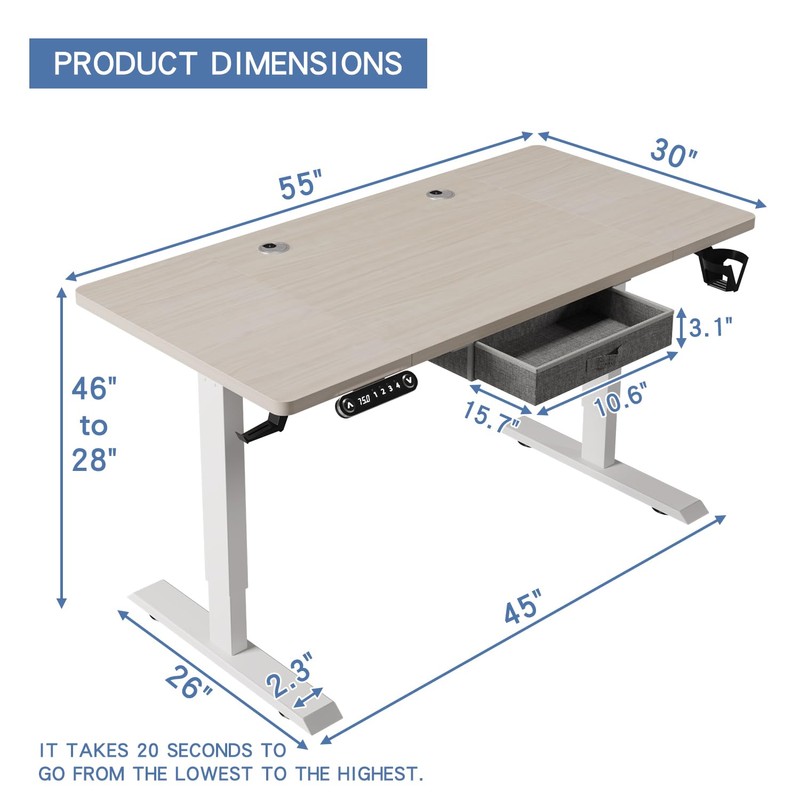 bilbil 55x30 Inches Electric Standing Desk with Drawer, Height Adjustable