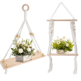 LDHHYH Pack of 2 Boho Wall Shelves, Handwoven Floating Shelf, Decorative Hanging Shelf, Boho Decoration, Macrame Wall Shelf, Wood, Natural Driftwood Hanging Shelf for Living Room, Bedroom, Bathroom