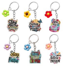 Motivational Keychain, 6 Pcs Acrylic Keyring with Multicolor Flower Charms, Emotional Support Positive Gifts, Inspirational Gifts for Women, Best Friend, Sister, Coworker, Employee