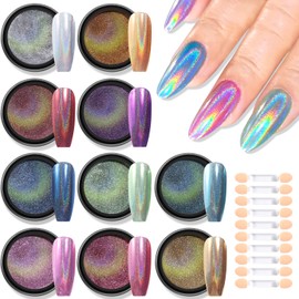 Furtherpretty Holographic Chrome Nail Powder, 10 Colors Metallic Mirror Effect Nail Glitter Powder Laser Gold Silver Pink Blue Aurora Iridescent Manicure Pigment Dust with Brush, Nail Art Decoration