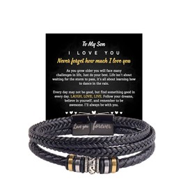 To My Son/Grandson Bracelet From Mom Grandmother, Forever Linked Together Black Braided Leather Infinity Knot Inspirational Bracelets Engraved Love You Forever Birthday Gift Jewelry (Son (bead)-1)