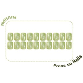 IMRAIN Green Press on Nails Short Square Fake Nails with Glitter Design Glossy Full Cover Acrylic Squoval False Nails for Women Girls Spring Glue Stick on Nails 24Pcs