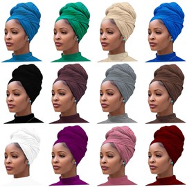 12 Pieces Head Wrap Scarf Stretch Jersey Turban Extra Long Ultra Soft Urban Headwraps for Women Solid Color African Headwear Headband Tie Wholesale Set02