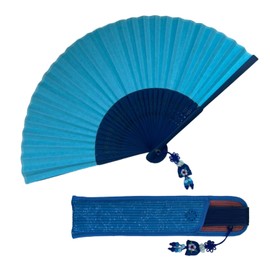 Kepitome Korean Traditional Hand Held Folding Fan, 8.27"(21cm) Bamboo and Korean Paper (Hanji) Hand Fan - With a Fabric Sleeve for Protection, Korean Charming Elegant Vintage Retro Style (Blue)