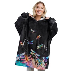 Huglanket Dragonfly Gifts for Women, Wearable Flannel Dragonfly Blanket Hoodie, Super Soft Warm Cozy with Giant Pocket - One Size Fits Most