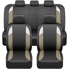 carXS Monaco Tan Beige Seat Covers for Cars Full Set, Tri-Tone Front Car Seat Covers with Split Rear Bench Back Seat Cover, Automotive Interior Covers for Trucks SUV Van Auto