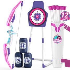 HYES Bow and Arrow for Kids 4-6, LED Light Up Archery Set with 12 Suction Cup Arrows, 1 Standing Target, 3 Score Targets & 1 Quiver, Indoor Outdoor Sport Gifts for Boys Girls Ages 8-12, Purple
