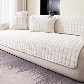 MDSASFD Velvet Couch Cover, Washable Sectional Sofa Cover, Anti Slip Sofa Slipcovers for 3 Cushion Couch Sofa L Shaped Recliner, Furniture Protector Covers for Pets Kids(White, Only 1 PCS)