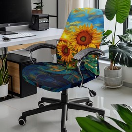 Xorudoydet Sunflower Oil Painting Print Office Chair Cover, Modern Rotating Chair Covers with Elastic Bottom Universal High Back Chair Slipcover Washable Desk Chair Seat Protector for Offices-L