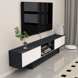 Bixiaomei Floating TV Stand, 61'' Wall Mounted TV Cabinet with Sliding Door and Adjustable Shelves, Wooden Entertainment Media Console Center Large Storage TV Bench for Living Room (61IN, White)