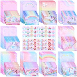 Outus Juego de 160 piezas de papelería de unicornio arcoíris, 50 papeles de escritura de unicornio con 50 sobres y 60 calcomanías redondas, papel de p