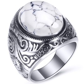 VQYSKO White Turquoise Ring Retro Vintage Mens Turquoise Rings Wedding Band (W10)