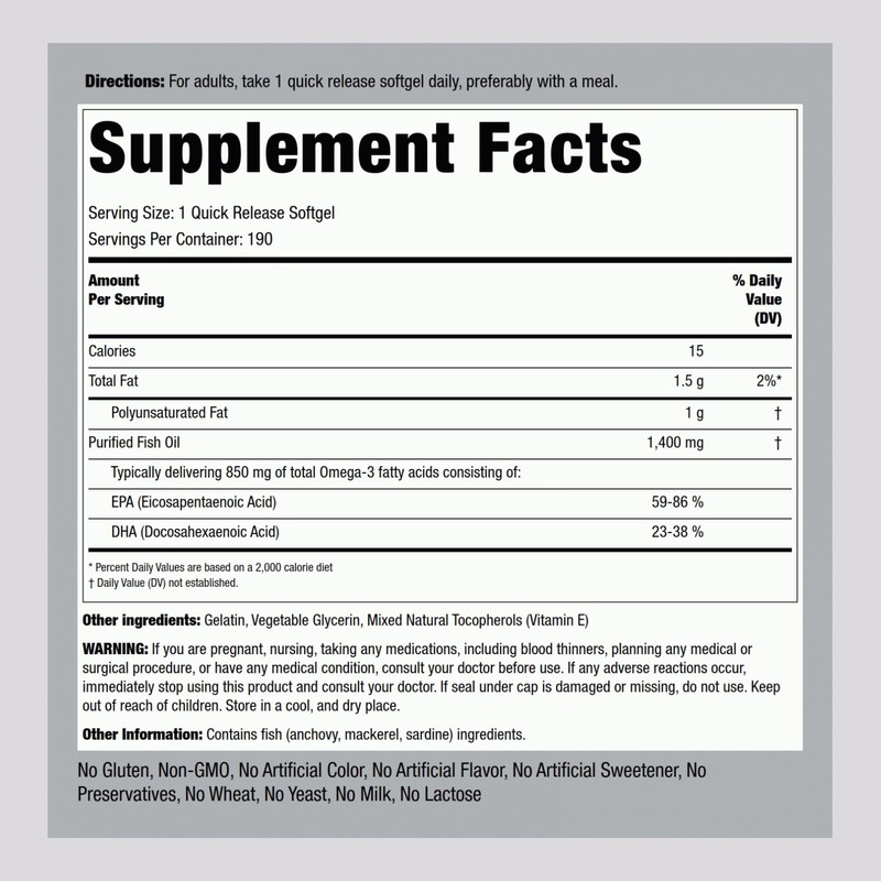 Piping Rock Fish Oil Omega 3 Supplement | 1400 mg