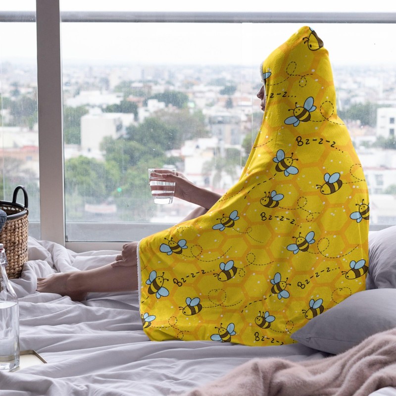 Honeycomb Cute Bee Yellow Hooded Blankets for Couch Sofa Throw