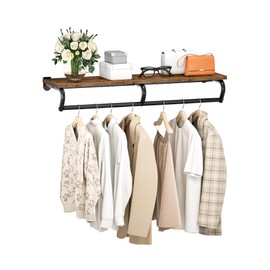CHOEZON Wall Mounted Clothes Rack, Metal Garment Rack with Top Shelf, Laundry Storage Shelf with Hanging Rod, for Laundry Room, Bedroom, Entryway and Storage Room, Rustic Brown and Black TYM02BF