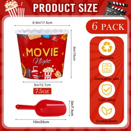 Roshtia 6 Pieces Plastic Popcorn Containers Reusable 75 oz Popcorn Bowl with Popcorn Scoop Retro Style Popcorn Boxes Red Popcorn Plastic Scoop Set for Movie Theater Night (Movie)