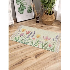 Gavrelixora Spring Floral Bathroom Rugs, Summer Tulip Small Entryway Doormats Indoor, Colorful Botanical Vintage Farmhouse Kitchen Runner Tassel Floor Mats, Washable Area Rug for Bedroom/Sink 2'x3'