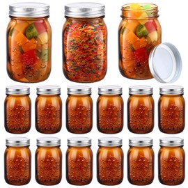 Yaomiao 12 Pack Amber Mason Jars with Lids 16 oz Regular Mouth Pint Vintage Canning Jars Bulk Airtight Multifunction Glass Jars for Storage Pickling Fermenting Preserving DIY Crafts Christmas Decor