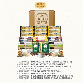 Luxury Coffee Gift Set Hamper With Instant Coffee Sachets, Sugar, Sweetener, Oat Milk, Afternoon Tea Box Set for Men, Women, Drink Lovers, Present Basket, Assortment British Morning Drinks