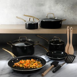 Martha Stewart Lockton 14 Piece Premium Non-Stick Heavy-Gauge Aluminum Cookware Combo Set (Pots, Pans, and Tools) - Black w/Gold Handles