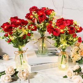 Thiccywoov 3 Sets Artificial Flowers Bouquets in Glass Vase with LED String Lights Artificial Silk Flowers with Glass Vase for Wedding Table Centerpiece Home Office Party Decor(Red)