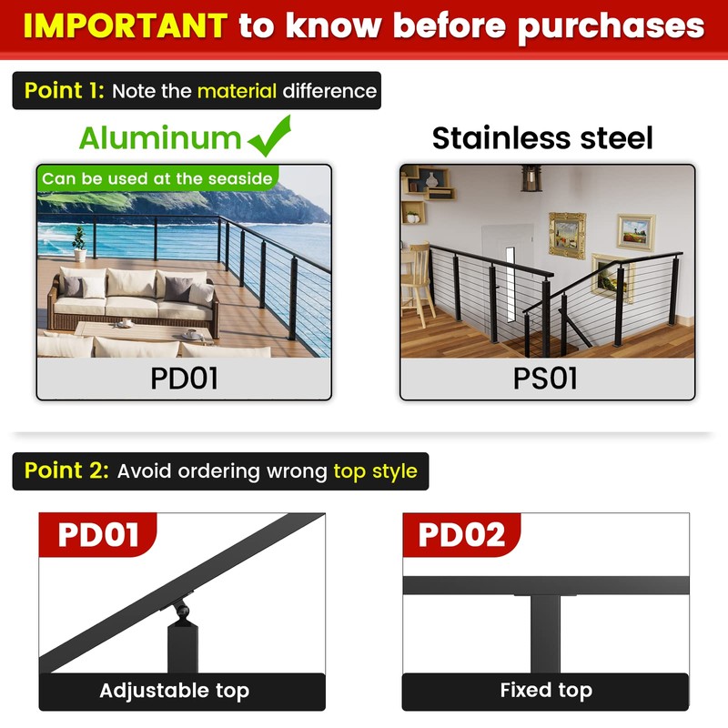 Muzata Aluminum Black Stair Cable Railing Post 36 Inch for