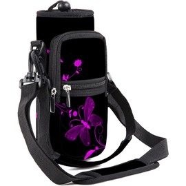 RICHEN Neoprene Water Bottle Carrier Bag 25/32/40/64 oz, Bottle Pouch Holder with Adjustable Padded Shoulder & Handle Strap and Front Pockets for Hiking Travelling Camping (Purple Butterfly, 32oz)