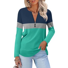 TICTICMISS Women's Long Sleeve Shirts Zipper Color Block V Neck Tunic Tops Casual Blouse