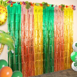 Hawaiian Luau Party Foil Fringe Curtains, Hawaiian Luau Party Decorations 2 Packs of 3.3x6.6 Ft Green Rose Gold and Yellow Tinsel Photo Booth Prop