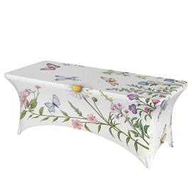 Spring Floral Butterfly Spandex Tablecloth for Rectangular Tables, Fitted Tablecloth 6FT Stretch Spandex Table Covers for Folding Tables, Wrinkle Resistant Table Protector for Party Weddings BBQ