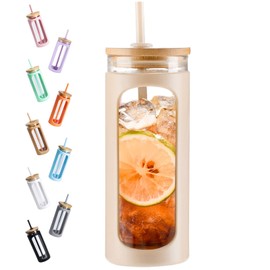 Kodrine 20oz Glass Tumbler with Straw and Lid, Iced Coffee Cups with Bamboo Lids, Glass Cups for Cold Drinks, Smoothie Cup with Silicone Sleeve for Travel, Work, BPA FREE-Oatmeal