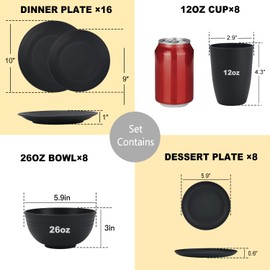 40-Piece Plastic Plates and Bowls Sets,Wheat Straw Dinnerware Set,Service for 8,Dinner Plates,Dessert Plate,Cereal Bowls,Cups,Unbreakable Plastic Outdoor Camping Dishes,Kitchen Essentials,Matte Black
