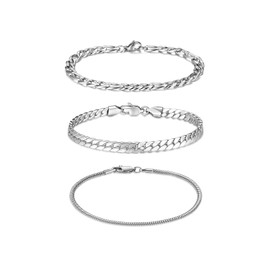 PiercingJak Men's Silver Bracelet Set, 3-Piece Chain Bracelet for Men, Curb Chain, Snake, Figaro Bracelet, Stainless Steel Charms Bracelets, Birthday Gift for Dad, Son, Brother, Friend, Stainless