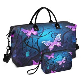 YETTASBIN Travel Duffel Bag for Women Men, Purple Blue Butterfly Large Waterproof Weekender Overnight Bag, Detachable Shoulder Strap Travel Sport Gym Bag with Toiletry Bag, 2 Size