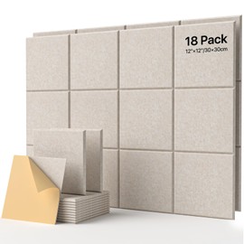 18 Pack Soundproof Wall Panels Self-Adhesive, Square Sound Proof Foam Panels for Wall, High Density Acoustic Panels, Acoustic Panels for Home Office, Reccording Studio 12" X 12" X 0.4" Beige