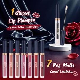 QIBEST Juego de 7 lápices de labios líquido mate + 1 juego de maquillaje de labios plumper de larga duración, juego de brillo de labios de terciopelo impermeable