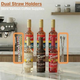 NANAGIFTREE Coffee Syrup Organizer with Straw Holders, 2-Tier Acrylic Syrup Rack (6 Bottles), Anti-Slip Coffee Bar Storage with Side Straw Boxes for Syrups, Wine, Dressings on Kitchen Countertop