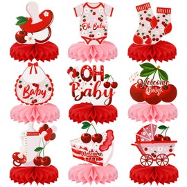 9 Pcs Cherry Honeycomb Centerpieces, Red Bow Cherry Baby Shower Decorations, 3D Cherry Birthday Party Decoration for Table Topper Centerpiece Summer Fruit Themed Party Supplies
