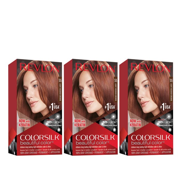 Revlon Colorsilk Beautiful Color Permanent Hair Color with 3D Gel Technology & Keratin, 100% Gray Coverage Hair Dye, 55 Light Reddish Brown, 4.4 oz (Pack of 3)