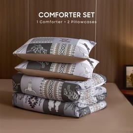 Wake In Cloud - Western Comforter Set, Southwestern Aztec Country Horse Cowboy Rustic Ranch Pattern Printed, Soft Lightweight Bedding, 3 Pieces, Gray Brown, King Size