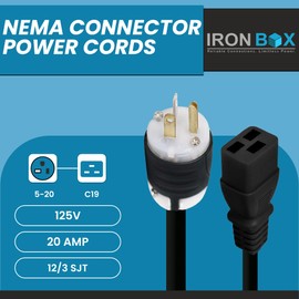 IronBox Electric 5-20P to C19 Power Cords - 20A, 125V, 12/3 SJT - UL Listed Extension Cable Adapter - Power Supply Cables - Heavy Duty Plug and Cord for Computer, PDU, Data Centers & More (3ft, Build)