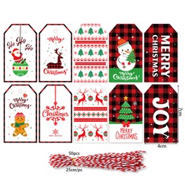 50 PCS Christmas Gift Tags with String, Decoration Tag for Christmas Tree, 10 Different Patterns Xmas Tags Label, Gift Wrapping Tags for Christmas (Red)