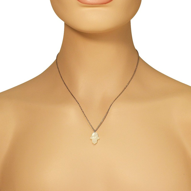 Edforce Stainless Steel Silver-Tone Simulated White Opal Hamsa Pendant Necklace,